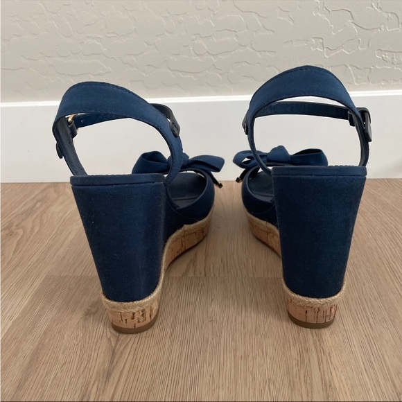 Pre Owned Tory Burch Navy Blue Bow Espadrille Wedge Sandals Sz 9 - Picture 6 of 8